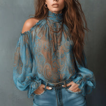 Load image into Gallery viewer, Women's Retro Cashew Print Off-Shoulder Blouse with Lantern Sleeves