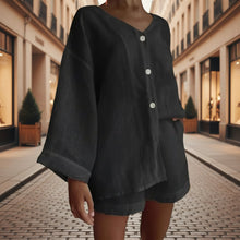 Load image into Gallery viewer, Women's Cotton Linen Shirt & Shorts Set – Long Sleeve, Button, Casual 2-Piece