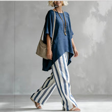 Load image into Gallery viewer, Women's Striped Batwing-Sleeve Loose Linen Two-Piece Set