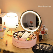 Load image into Gallery viewer, Round Smart LED Makeup Bag With Mirror Lights Women Beauty Bag Large Capacity PU Leather Travel Organizers Cosmetic Case