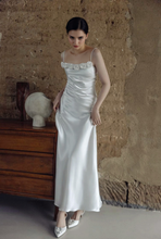 Load image into Gallery viewer, Vintage Rose-Trimmed Satin Slip Wedding Dress with Spaghetti Straps