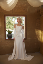 Load image into Gallery viewer, Minimalist Off-Shoulder Satin Wedding Gown with Detachable Sleeves and Elegant Train