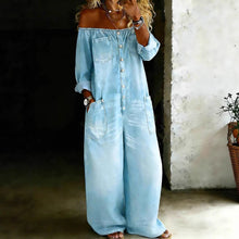 Load image into Gallery viewer, Women's Off-Shoulder Washed Faux Denim Strap Overalls Jumpsuit