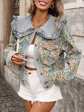 Load image into Gallery viewer, Women's Jacquard Denim Jacket | Ruffled Peter Pan Collar Long-Sleeve Short Jacket in Blue | S–XXL