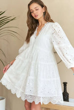 Load image into Gallery viewer, Lace Detail Tiered Eyelet V-Neck Babydoll Dress For Women – Feminine Boho Chic Dress, Fluttering, Elegant Lace & Eyelet