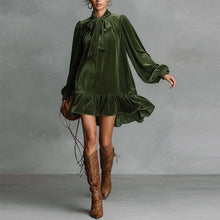 Load image into Gallery viewer, Women’s Bow-Tie Puff Sleeve Dress – Elegant Asymmetric Ruffle Hem Short Dress
