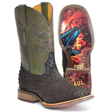 Load image into Gallery viewer, Tin Haul Ruff & Tumble Anvil on Fire ( Olive / Dark Brown ) - Mens Leather Cowboy Boot