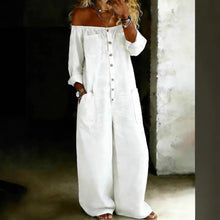 Load image into Gallery viewer, Women's Off-Shoulder Washed Faux Denim Strap Overalls Jumpsuit