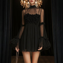 Load image into Gallery viewer, Women's Floral Embroidered Sheer Lace Dress — High Neck Flared Sleeve