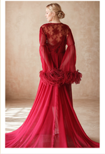 Load image into Gallery viewer, Ethereal Lace & Feather-Trimmed Sheer Bridal Robe – Vintage Luxury Loungewear