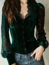 Load image into Gallery viewer, Women's Velvet & Lace Trim Top V-Neck Long Sleeve Blouse