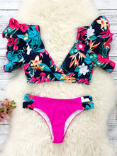 Load image into Gallery viewer, Bloom Day Ruffle Bikini Set – Chic Elegant Plant Print V-Neck Swimsuit with Tie-Back and High-Stretch Ruffle Trim – Women's 2-Piece Swimwear for Poolside Style & King’s Day Celebrations
