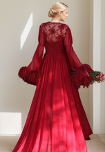 Load image into Gallery viewer, Ethereal Lace & Feather-Trimmed Sheer Bridal Robe – Vintage Luxury Loungewear