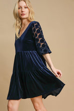 Load image into Gallery viewer, Dotted Lace Sleeve Tiered Velvet Mini Dress For Women – Vintage Velvet Dress, Lace Sleeve Mini Dress, Tiered Velvet Dress, Elegant Party Dress
