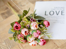 Load image into Gallery viewer, 15heads/1 bundle Silk Tea Roses Bride Bouquet for Christmas Home Wedding New Year Decoration Fake Artificial Flowers Home Decor