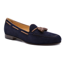 Load image into Gallery viewer, 16-584-NVY NAPLES Italian Kid Suede with Embossed Crocodile Tassel Loafer, Navy