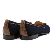 Load image into Gallery viewer, 16-584-NVY NAPLES Italian Kid Suede with Embossed Crocodile Tassel Loafer, Navy