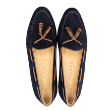 Load image into Gallery viewer, 16-584-NVY NAPLES Italian Kid Suede with Embossed Crocodile Tassel Loafer, Navy
