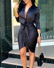 Load image into Gallery viewer, Women Lace-up Solid Color Long Sleeve Midi Dress Shirt Dress Elegant Fashion Party Dress