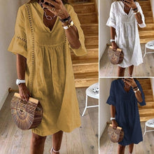 Load image into Gallery viewer, Women's V-Neck Flared Sleeve A-Line Mini Dress – Lace Stitching