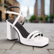 Load image into Gallery viewer, Square-Toe Buckle Strap High Heels – Elegant Thin-Strap Summer Block Heels