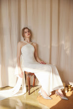 Load image into Gallery viewer, Pearl Strap Halter Satin Wedding Dress with Dramatic Back Bow and Train