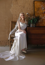 Load image into Gallery viewer, Romantic Draped Cowl Neck Satin Wedding Dress with Low Back and Train