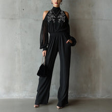 Load image into Gallery viewer, Black Embroidered Women’s Long-Sleeve Wide-Leg Jumpsuit