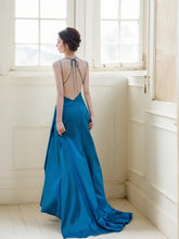 Load image into Gallery viewer, Ethereal Sapphire Blue Satin Backless Evening Gown with Thigh-High Slit