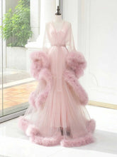 Load image into Gallery viewer, Elegant 1-Layer Thick Turkey Feather Fringe Hem Long Tulle Robe with Nightgown