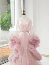 Load image into Gallery viewer, Elegant 1-Layer Thick Turkey Feather Fringe Hem Long Tulle Robe with Nightgown