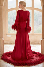 Load image into Gallery viewer, Luxury Thick Ostrich Feather Floor-Length Satin Robe with Train โ Elegant Bridal Loungewear