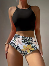 Load image into Gallery viewer, Island Bloom High Waist Bikini Set for Summer – Colorblock Tropical Print Two-Piece Swimsuit with Round Neckline Ultra-Stretch Fit & Applique Detail – Stylish and Comfortable Women’s Swimwear for Pool Beach & Summer Escapes
