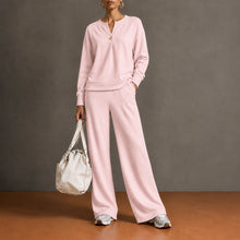Load image into Gallery viewer, Women's Single-Button Split-Neck Sweatshirt & Wide-Leg Pants Set