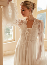 Load image into Gallery viewer, Ethereal Lace & Feather-Trimmed Sheer Bridal Robe – Vintage Luxury Loungewear