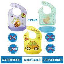 Load image into Gallery viewer, Amplim Convertible Baby Feeding Bibs 3-Pack – Waterproof, Adjustable, Lightweight, Eco-Friendly PEVA & LDPE, BPA-Free for Babies & Toddlers