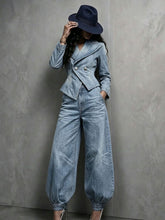 Load image into Gallery viewer, Women's Washed Distressed Denim Asymmetric Double-Breasted Jacket & Balloon-Leg Trouser Set