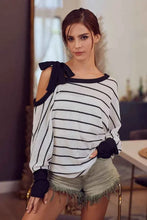 Load image into Gallery viewer, BiBi Stripe Yarn Dye Waffle One Shoulder Women's Top with Ribbon Detail