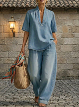 Load image into Gallery viewer, Retro V-Neck Washed Denim Top & Wide-Leg Pants Set – 3 Colors, S–3XL