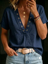Load image into Gallery viewer, Women's V-Neck Short-Sleeve Loose-Fit Linen Shirt