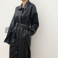 Load image into Gallery viewer, Women's Long PU Leather Jacket | Polo Collar Lace Detail Coat