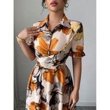 Load image into Gallery viewer, Women’s Printed Puff Sleeve Dress – Blouse Collar Cross-Tie Waist Style