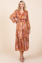 Load image into Gallery viewer, Flower Print Satin Lurex Stripe Smocked Midi Summer Dress – Elegant Midi Dress, Satin Lurex Dress, Floral Dress, Smocked Waist Dress, Romantic Midi Dress, Special Occasion Dress