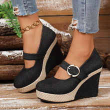 Load image into Gallery viewer, Women's Platform Wedge Pumps | Round-Toe Buckle Waterproof Thick Sole Shoes in Black & Blue | EU 36–43