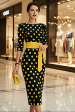 Load image into Gallery viewer, Women's Retro Polka-Dot Bodycon Midi Dress | Belted Waist Slim Fit