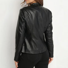 Load image into Gallery viewer, Women's Solid Color Long Sleeve Stand Collar Faux Leather Blazer