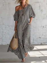 Load image into Gallery viewer, Women's Striped Off-Shoulder Elegant Midi Dress