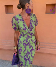 Load image into Gallery viewer, Women's Ruched Maxi Dress – V-Neck Short Sleeve, Form-Fitting Printed Elegant