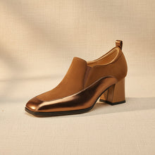 Load image into Gallery viewer, Women's Retro Cowhide Square Toe Chunky Heel Slip-On Pumps
