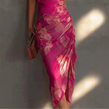 Load image into Gallery viewer, Carmine Red Backless Halter Maxi Dress – Printed High-Slit Slim-Fit Long Dress for Women